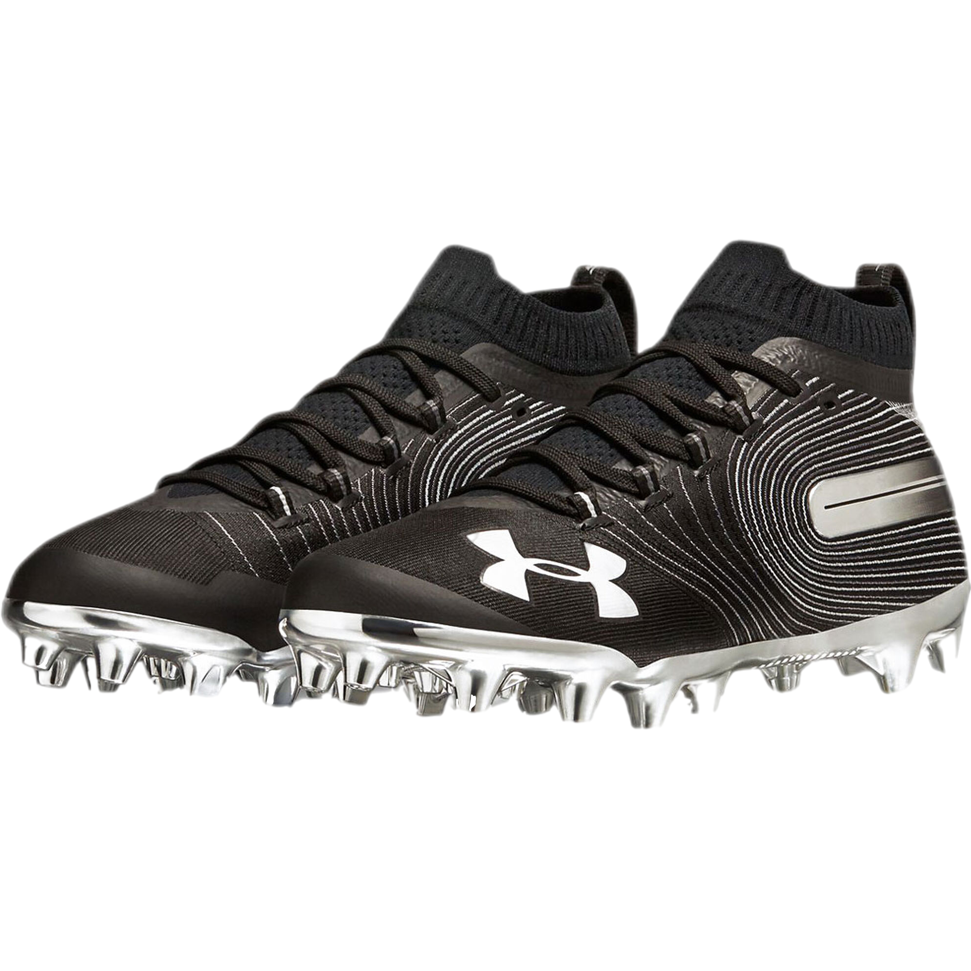 Under Armour Spotlight MC black football cleats with lightweight woven upper and metallic silver studs