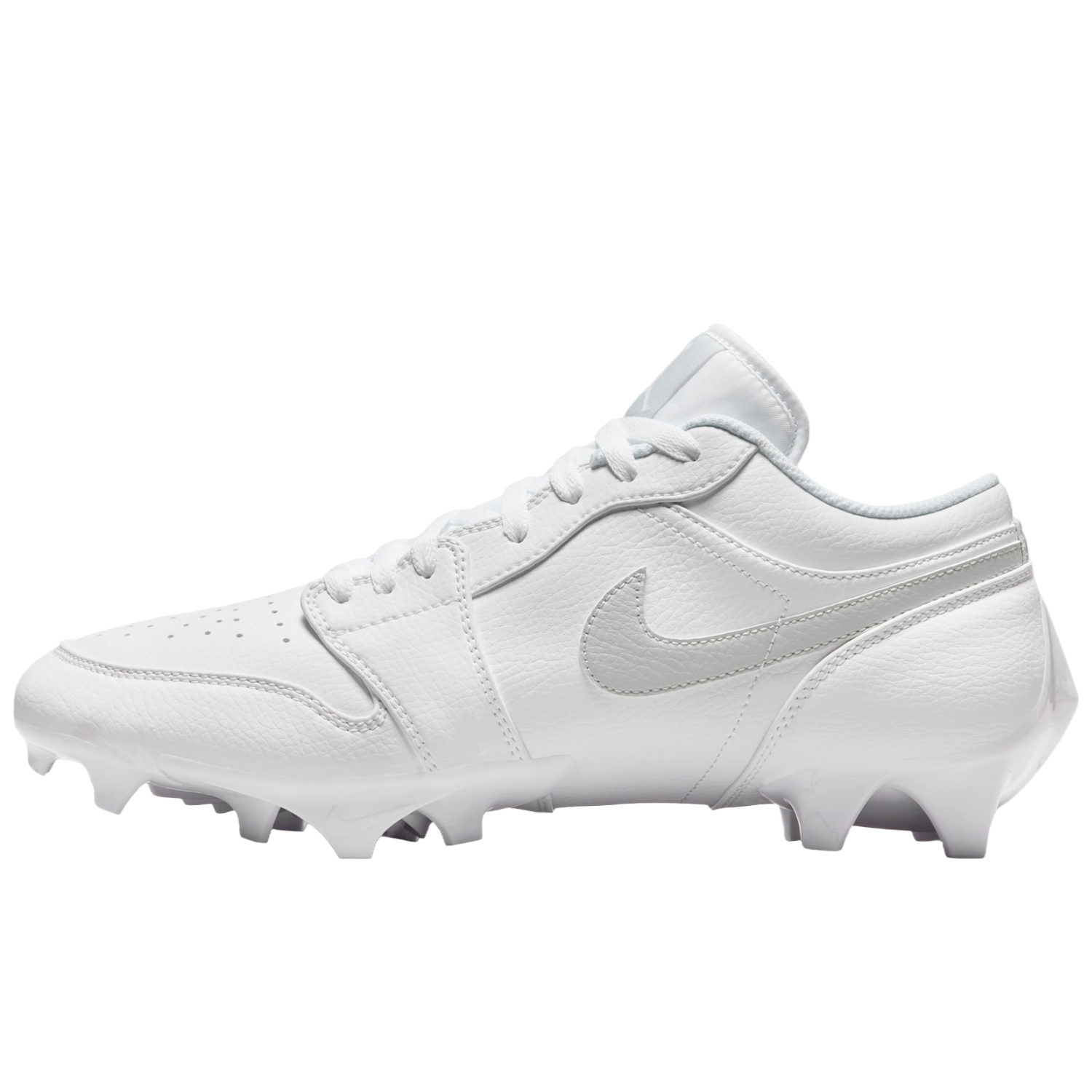 Jordan 1 Low TD football cleats in white and grey, lateral side view