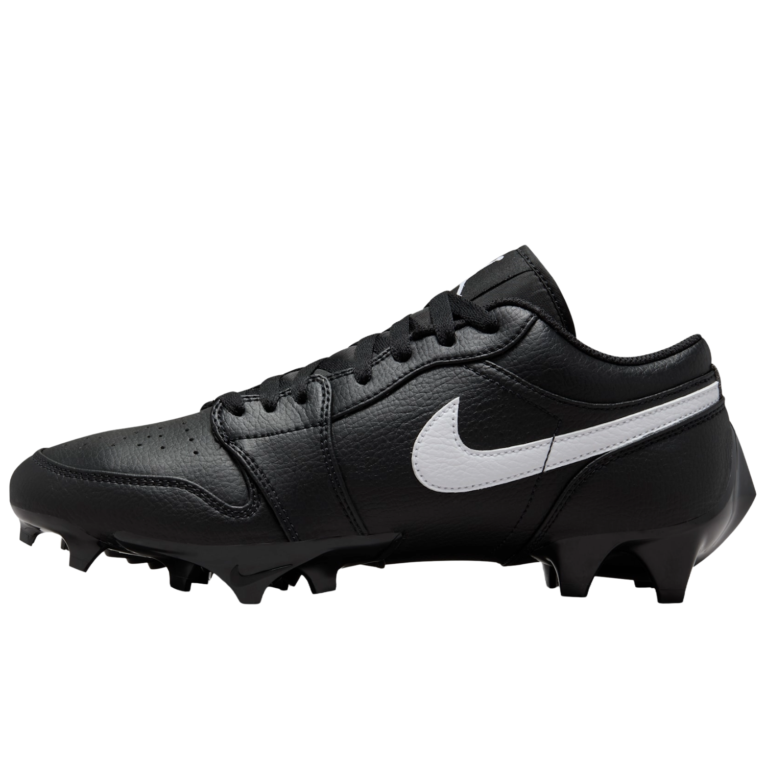 Jordan 1 Low TD football cleats in black with white swoosh, lateral side view