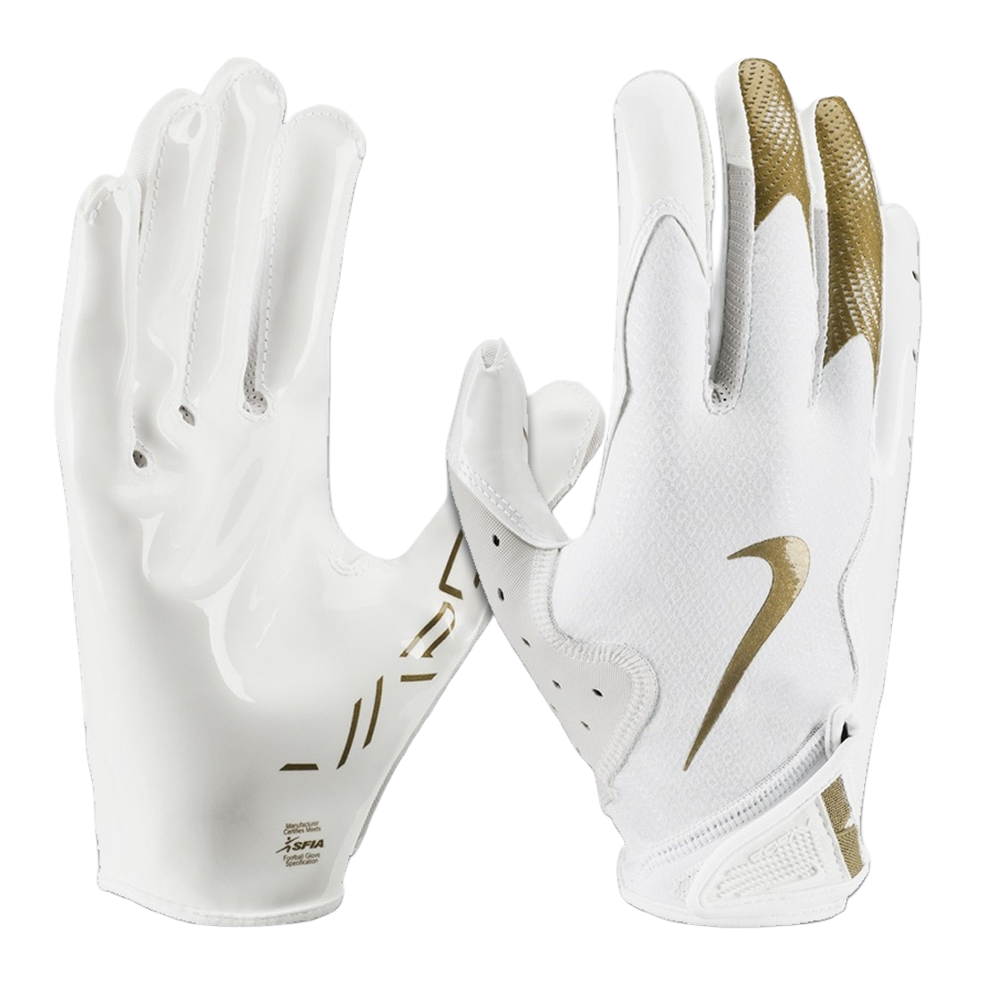 White and gold Nike Vapor Jet 8.0 football gloves with Magnigrip+ palms and breathable perforated fabric