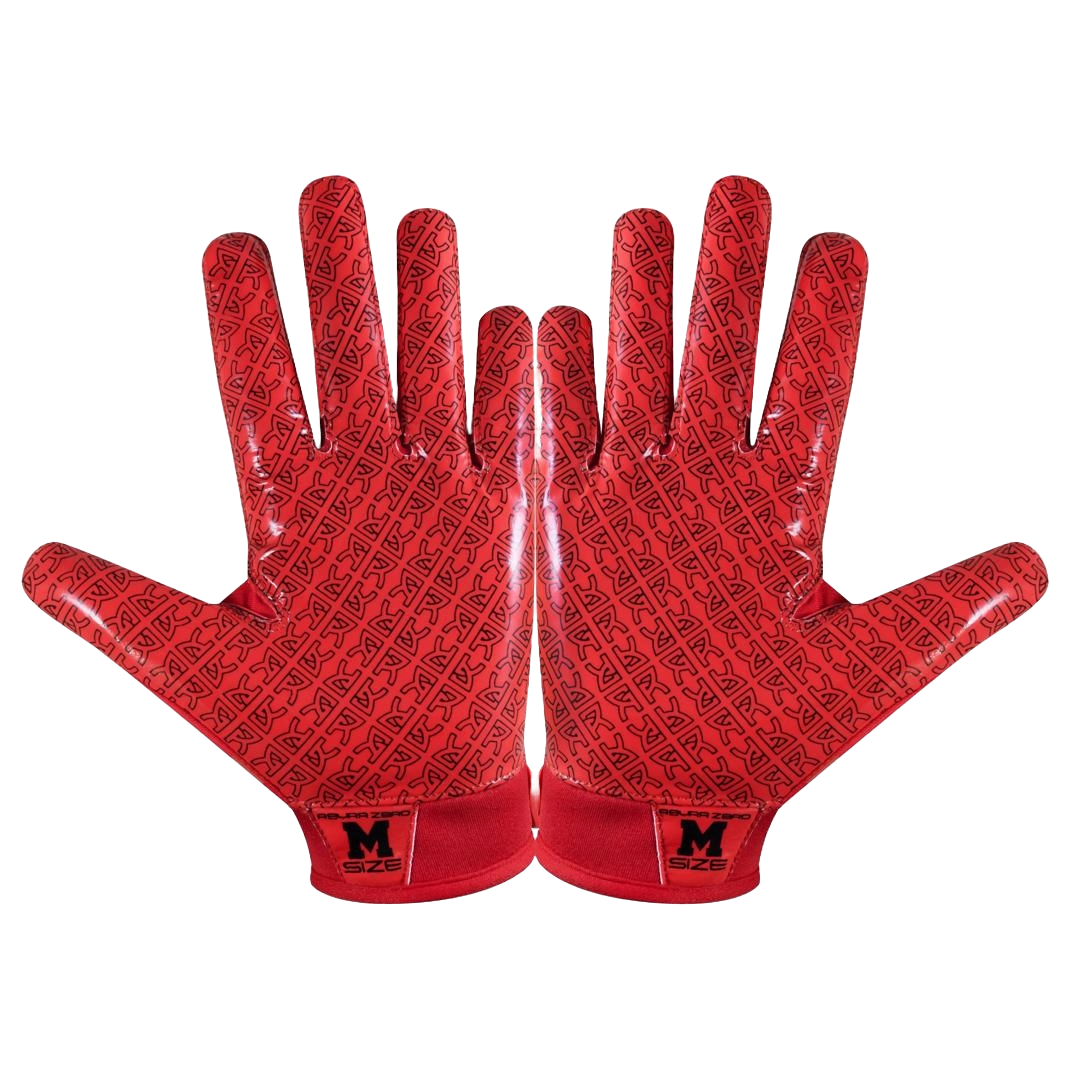 Red Reyrr Zero gloves with black pattern and wrist size label, designed for superior grip and comfort in football and floorball.