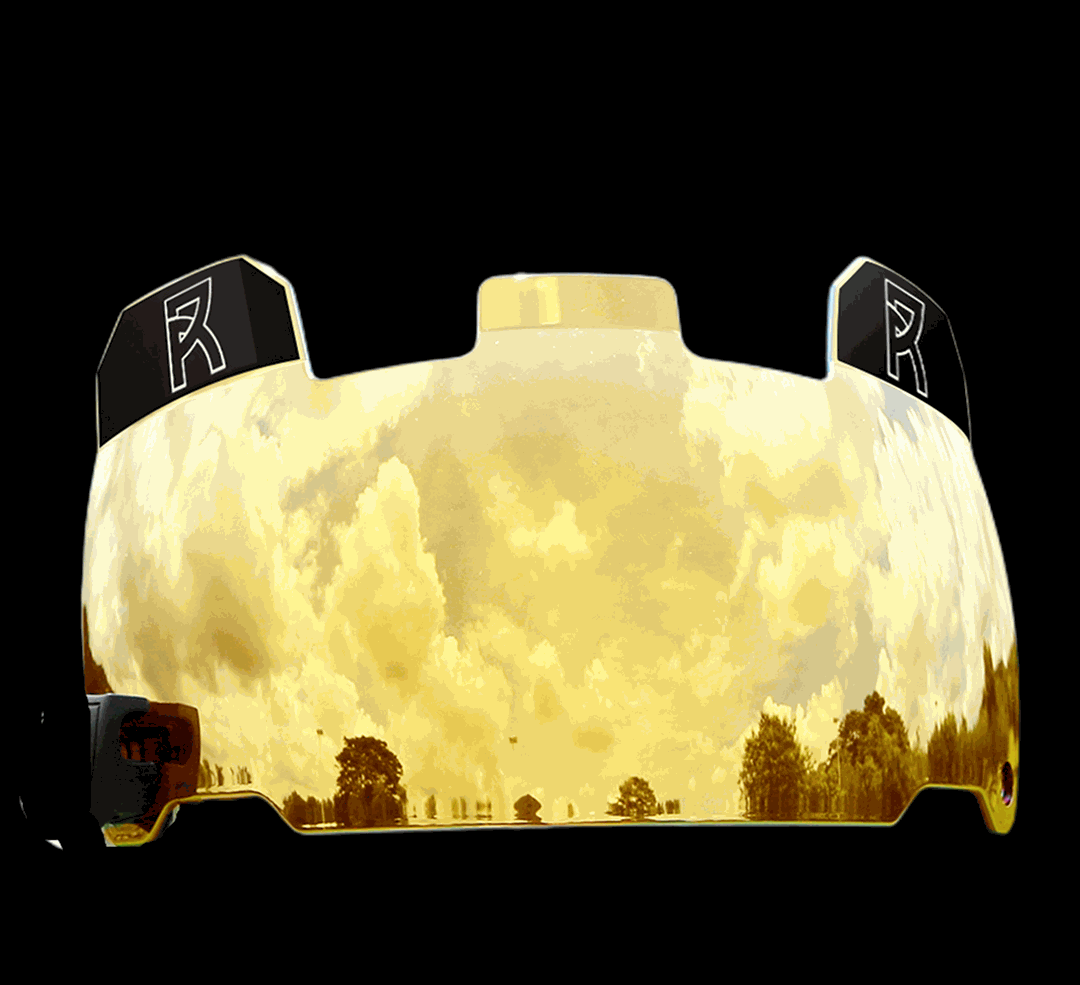Reyrr Visor for football helmets with gold reflective coating and black clip attachments