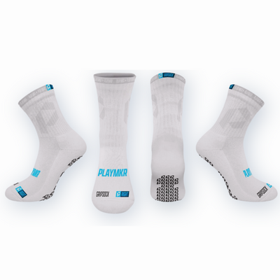 Playmkr Grip Sock White — logo branding close-up
