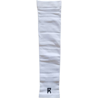 White breathable and elastic compression arm sleeve with Reyrr logo, sold in pairs for UV and turf burn protection