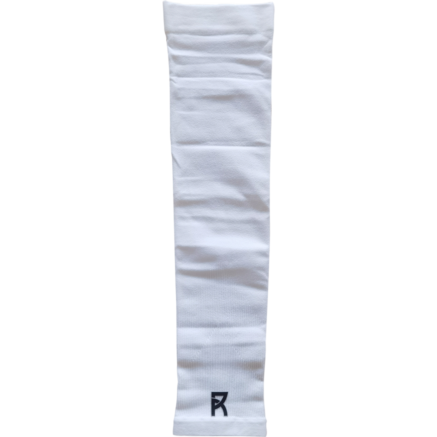 White breathable and elastic compression arm sleeve with Reyrr logo, sold in pairs for UV and turf burn protection