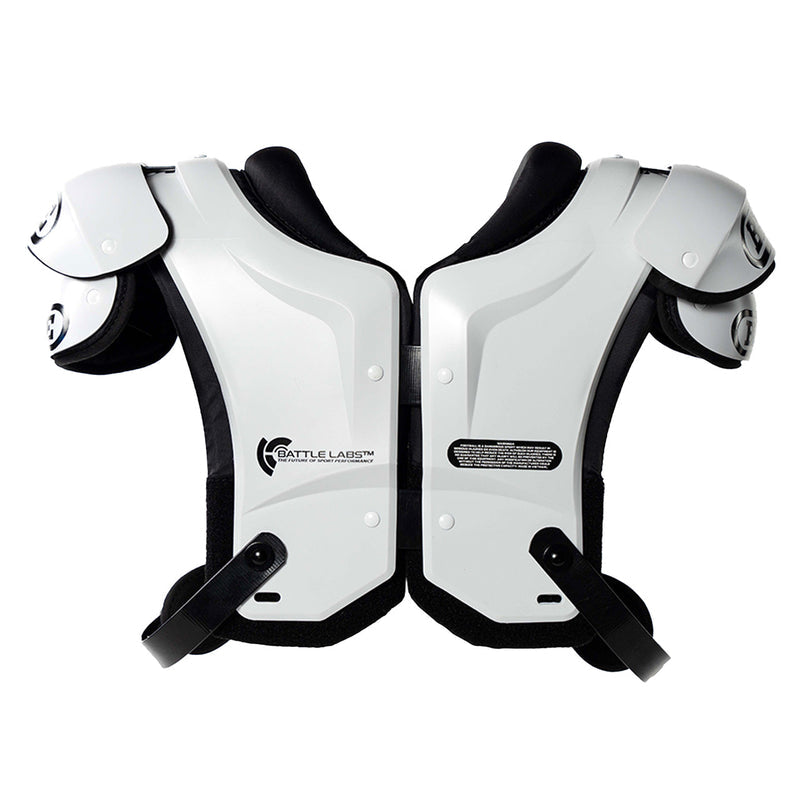 Battle Defender Youth shoulder pads in white and black, back view