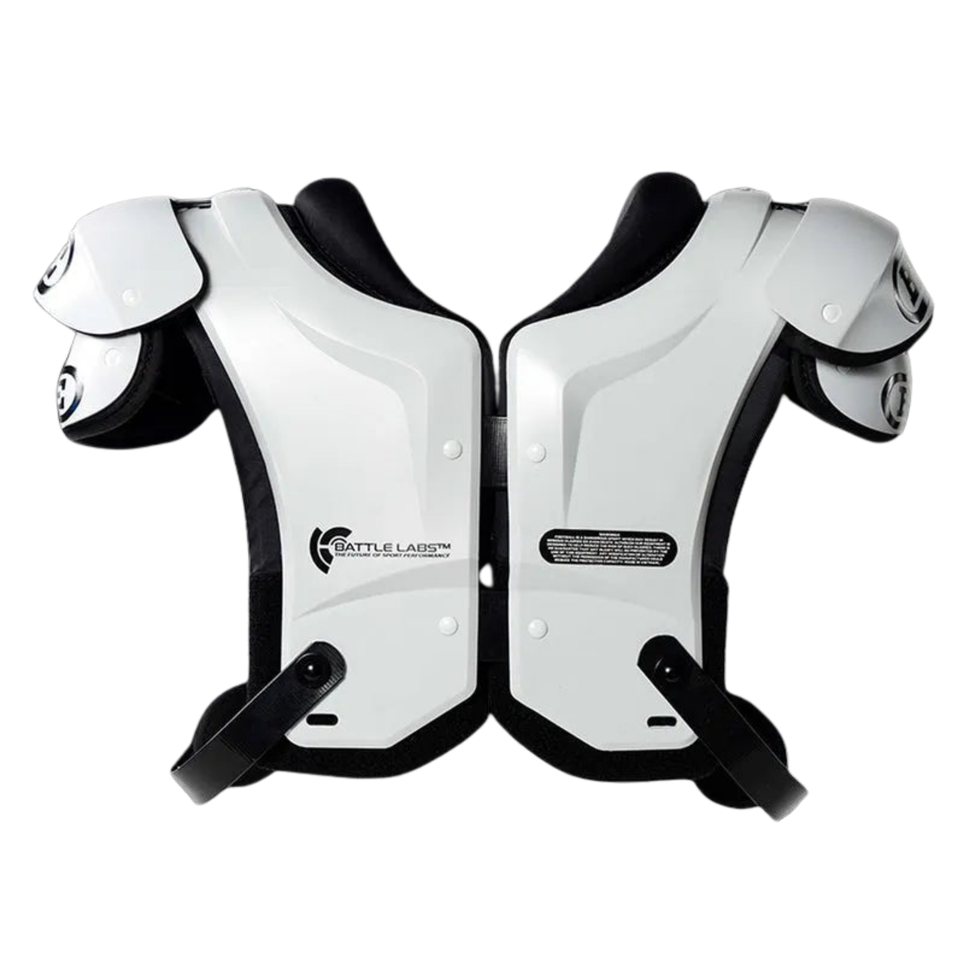 Battle Defender Adult shoulder pads in white and black, back view
