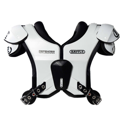 Battle Defender Youth shoulder pads in white and black, front view