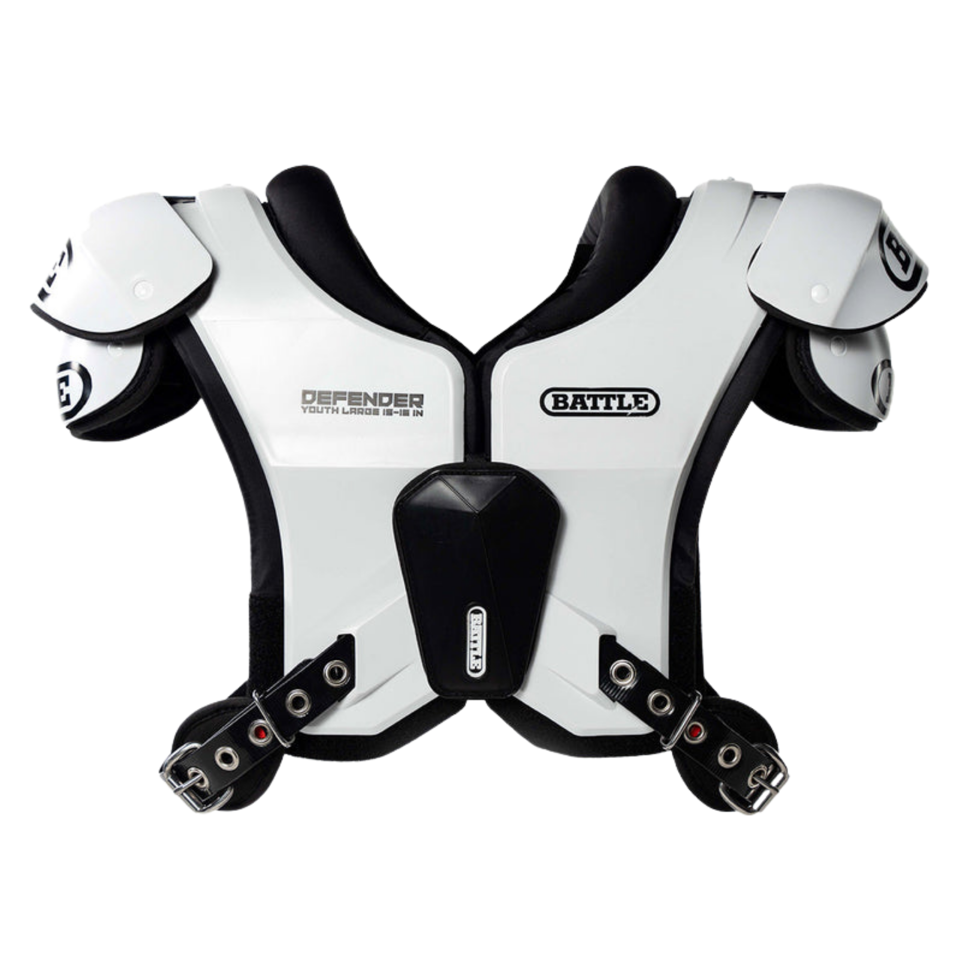 White and black shoulder pad with 'Battle' branding on a white background