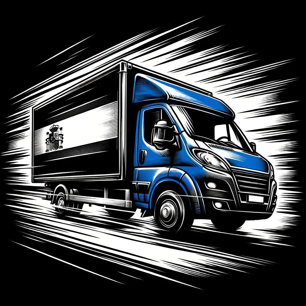 Blue delivery truck with Spanish flag for Envío de Devolución service in Spain