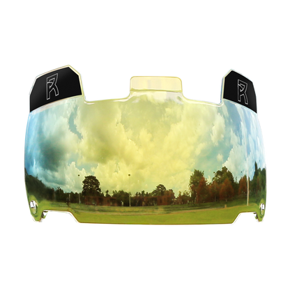REYRR VISION GOLD RUSH football visor with high-impact polycarbonate, anti-fog and scratch-resistant coating, quick release, and protective eye shield.