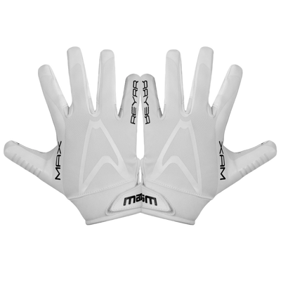 White IB MAX Floorball Goalie Practice Gloves with Reyrr MAX branding and silicone grip technology.