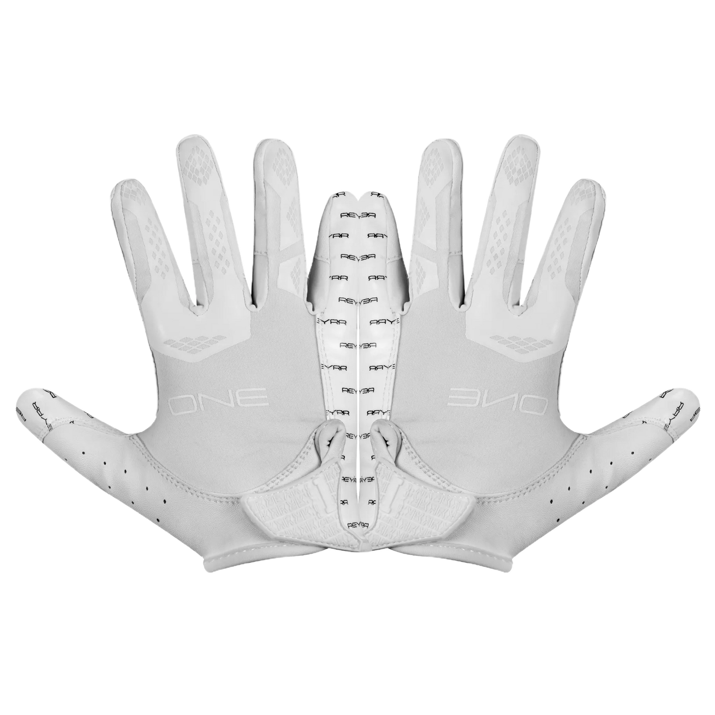 Reyrr ONE football gloves with GripTack Pro palm, Flexi-Mesh breathable material, silicone grip reinforcements, and VentraCool technology for superior grip and comfort.