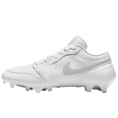 Jordan 1 Low TD football cleats in white and grey, lateral side view