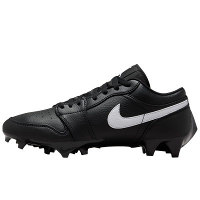 Jordan 1 Low TD football cleats in black with white swoosh, lateral side view