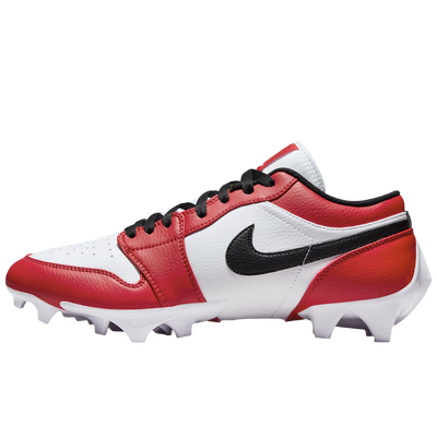 Jordan 1 Low TD football cleats in white, red and black, lateral side view