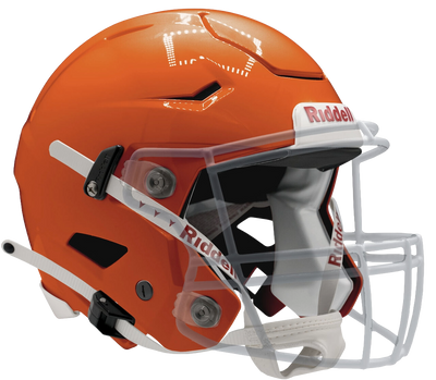 Orange Riddell SpeedFlex football helmet with white facemask and red Riddell logo on a transparent background.