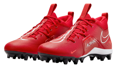 Red Nike Alpha Menace Varsity 3 football cleats with black studs and white Nike swoosh logo