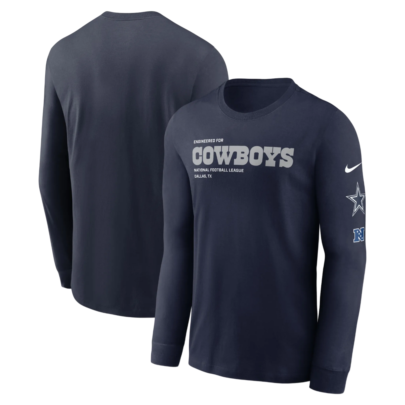 Navy long-sleeve shirt with 'Cowboys' text and Nike logo on a white background