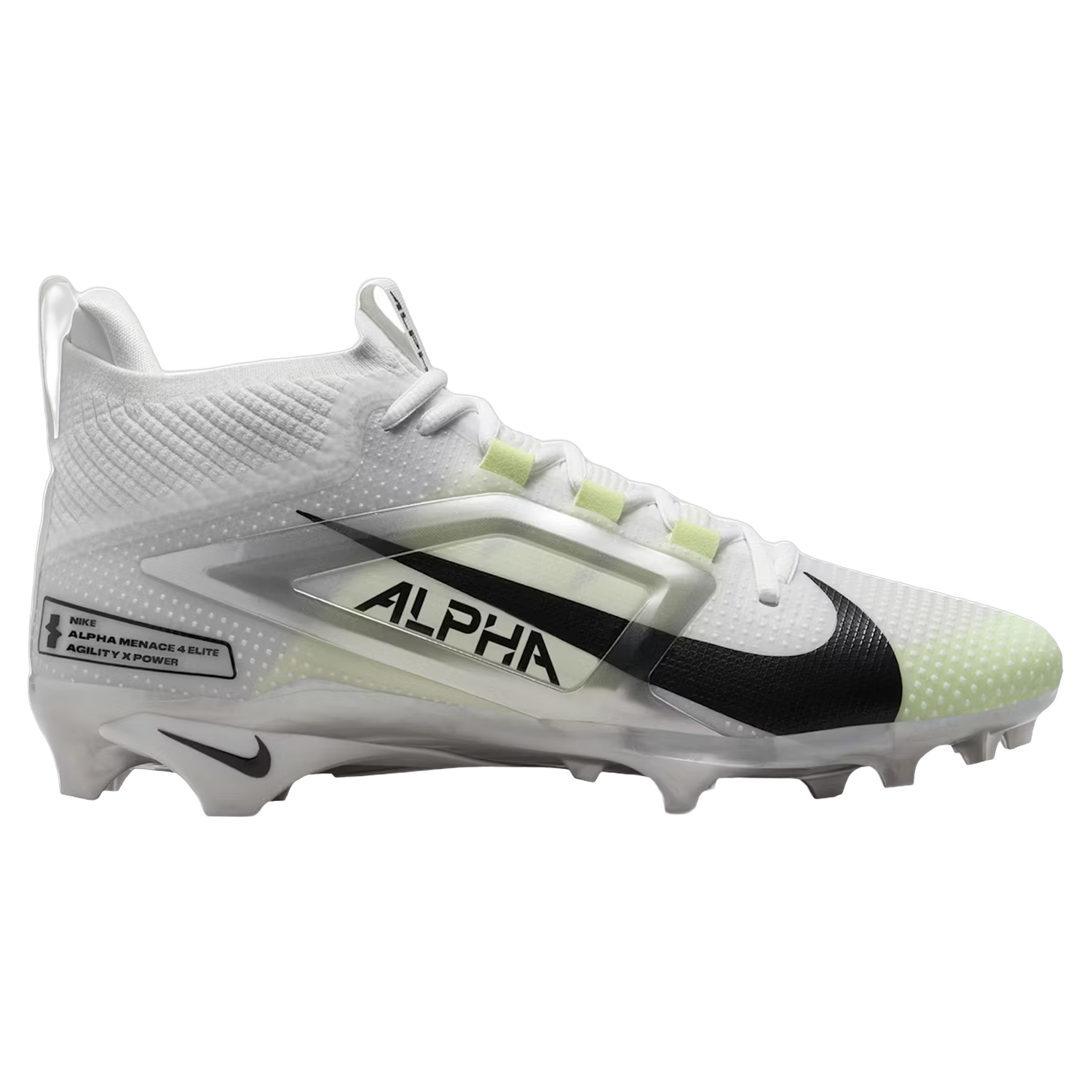 Nike Alpha Menace 4 Elite in White/Photon Dust, side view with black swoosh and volt lace loops