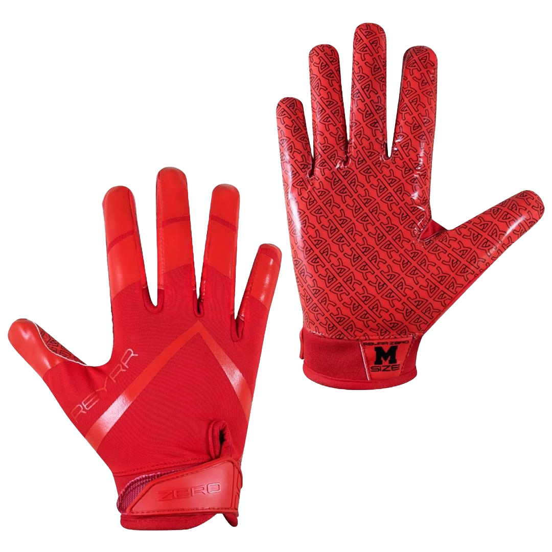 Red Reyrr Zero gloves with grip-enhancing pattern and wrist strap, medium size, designed for football and floorball players