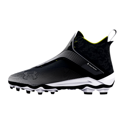 UA Highlight Hammer MC lightweight football cleat with durable upper, lace protection, cushioned midsole, and supportive traction studs in black and white design