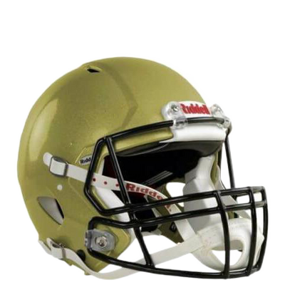 Riddell Speed Icon football helmet in gold with black facemask and quick release system, designed for comfort and stability.